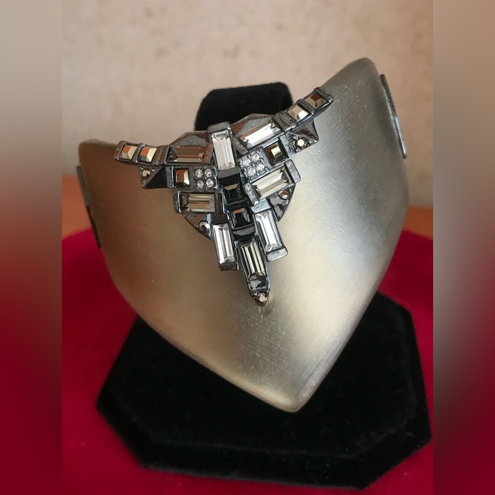 Alexis Bittar Taupe Lucite Hinged Bracelet with Crystals in Charcoal Setting